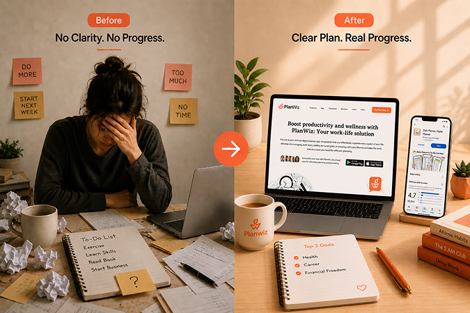 Before and after using PlanWiz goal planner app — from overwhelmed with no clarity to clear plan and real progress