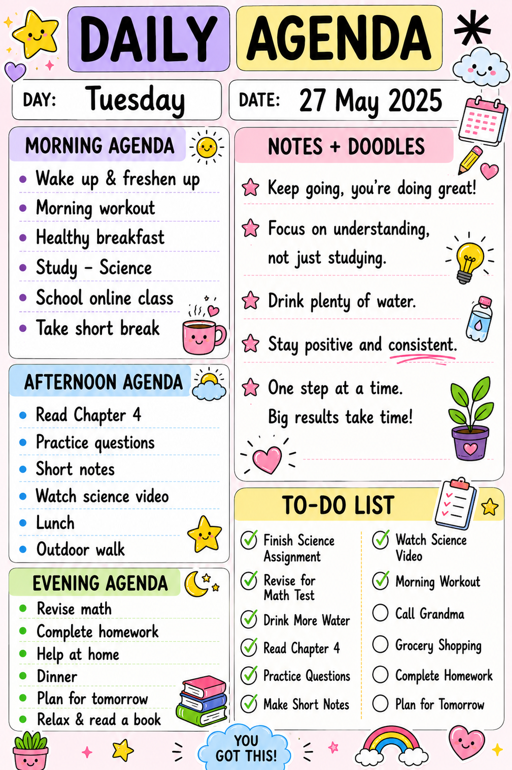 Colorful daily agenda divided into morning, afternoon, and evening sections with notes, motivational doodles, and a to-do list.