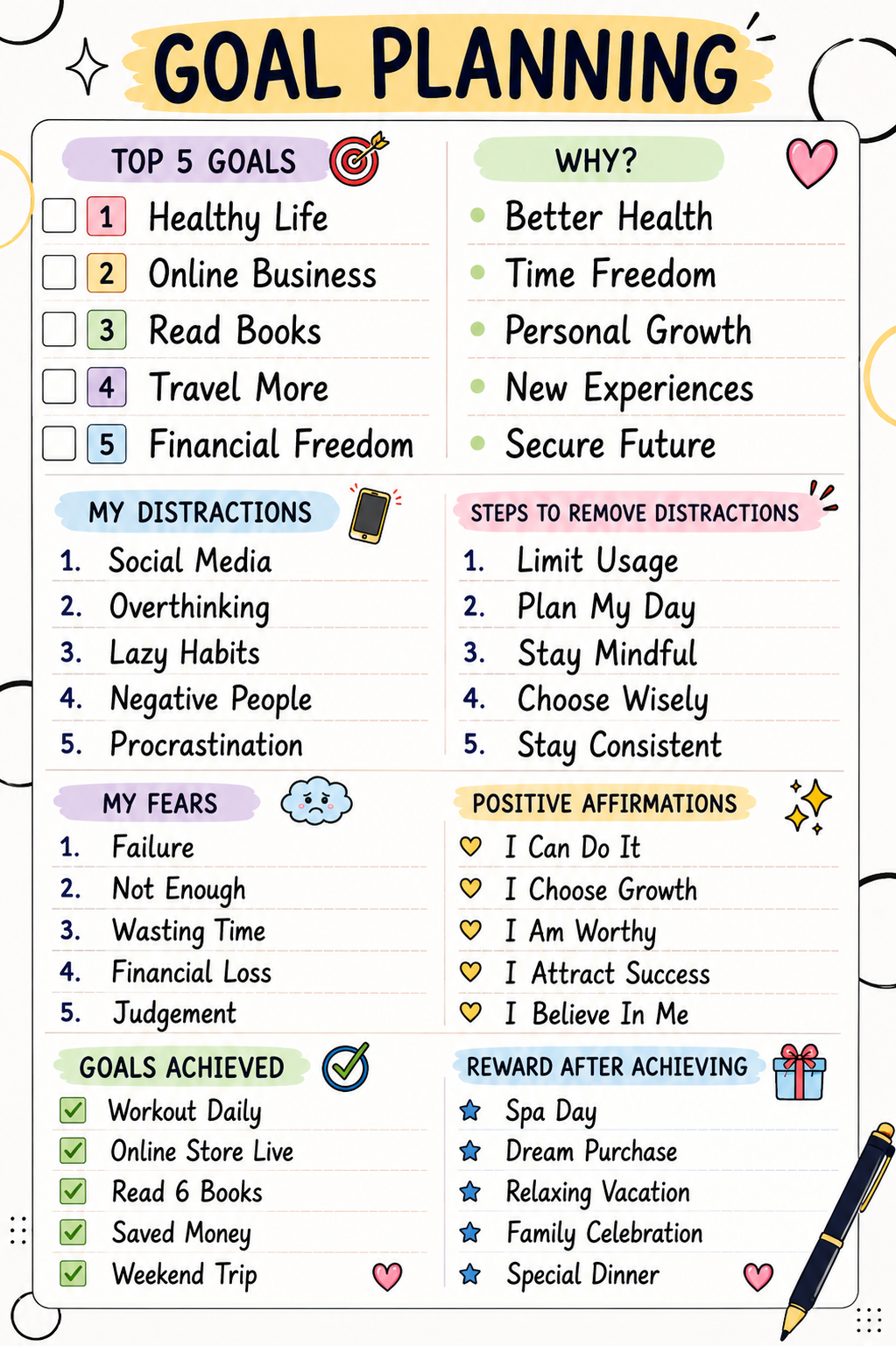 Goal planning sheet listing top 5 goals with reasons, distractions, fears, affirmations, achieved goals, and rewards.