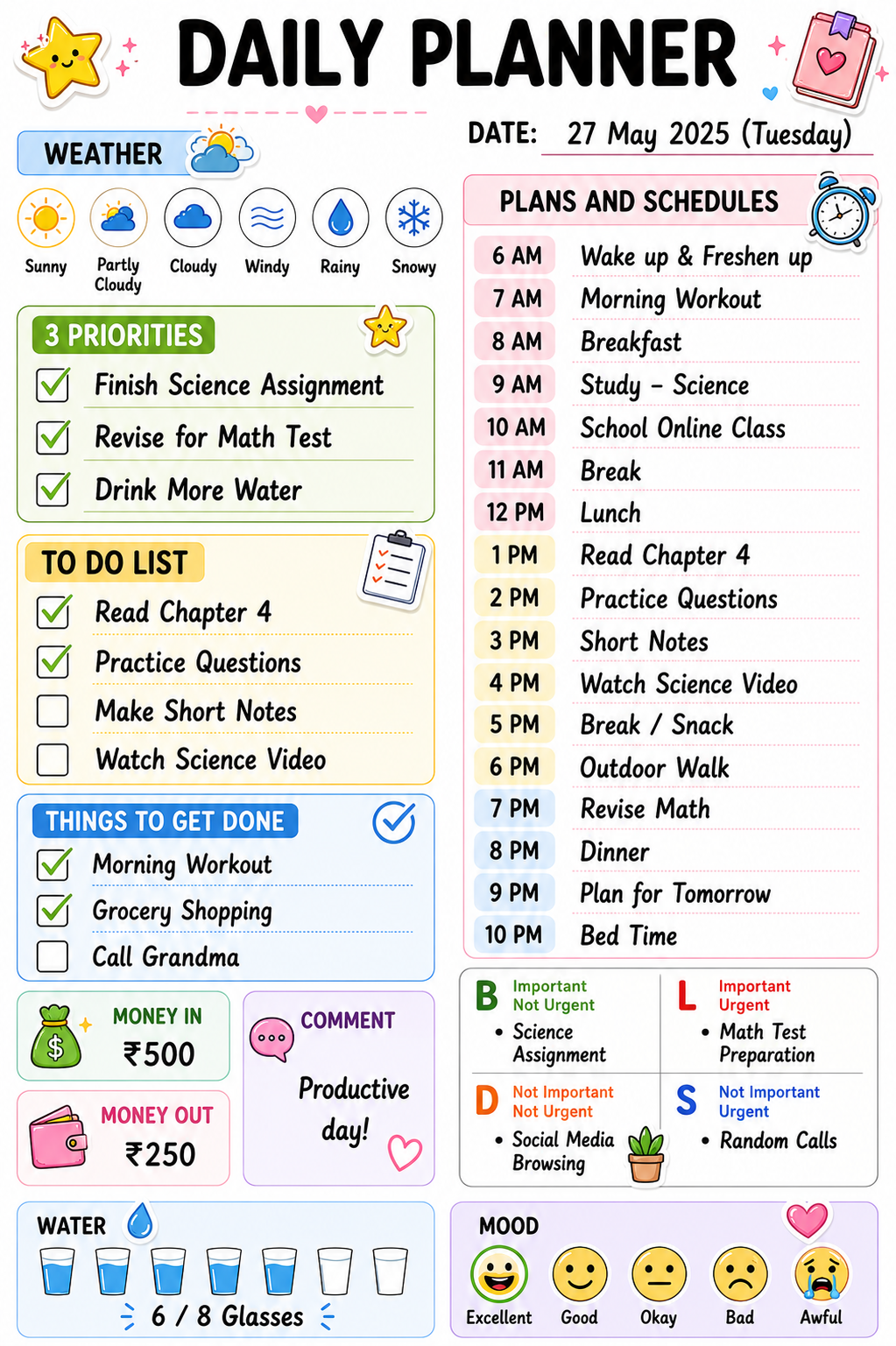 Cute daily planner with weather tracker, top 3 priorities, to-do list, hourly schedule, Eisenhower matrix, water and mood tracker.