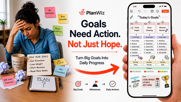 PlanWiz goal planner app turning big goals into daily progress with milestones and action steps