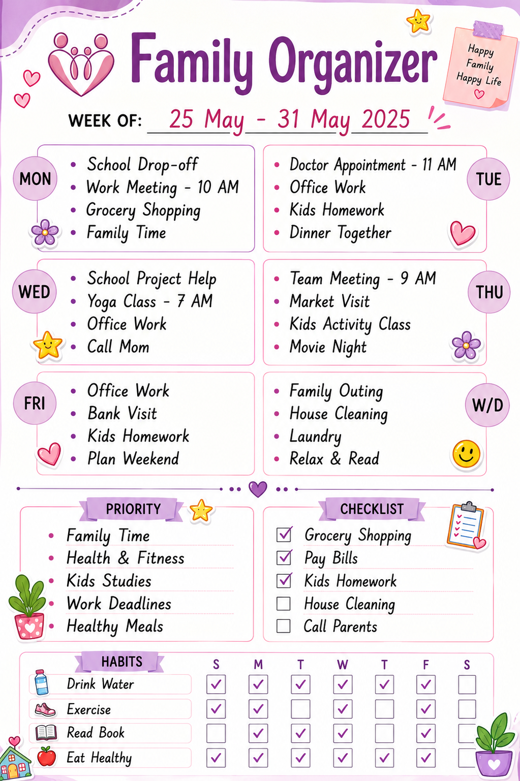 Purple-themed family organizer with day-wise weekly schedule, priorities, checklist, and habit tracker for the whole family.