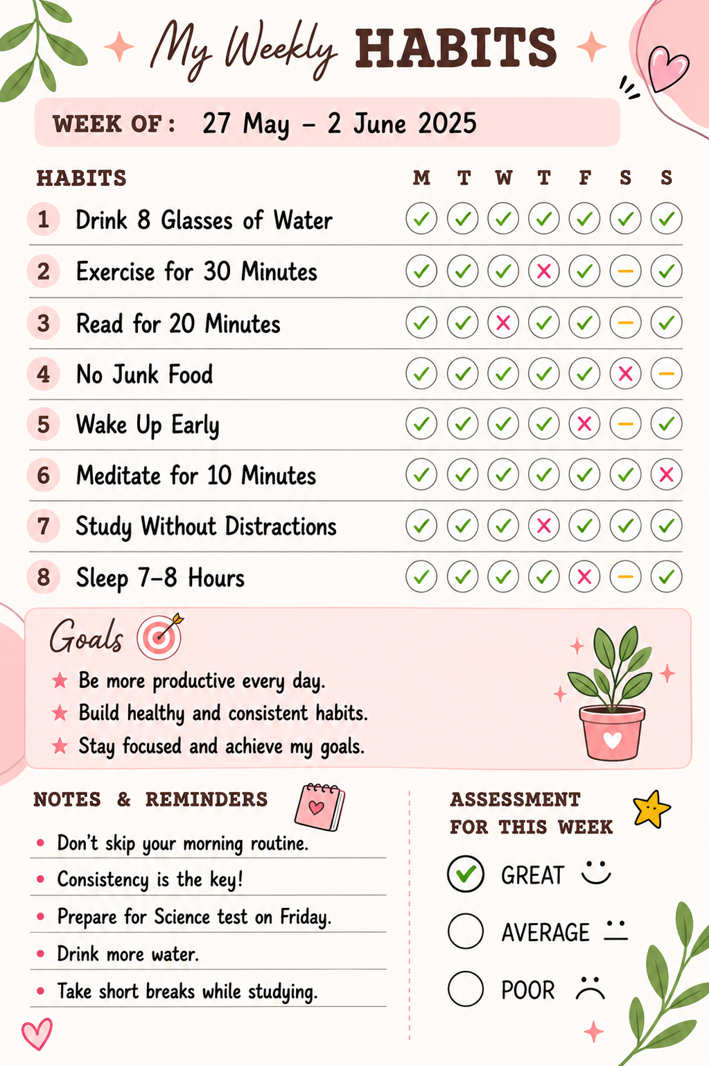  Pink habit tracker logging 8 daily habits across the week with goals, notes, and a weekly self-assessment.
