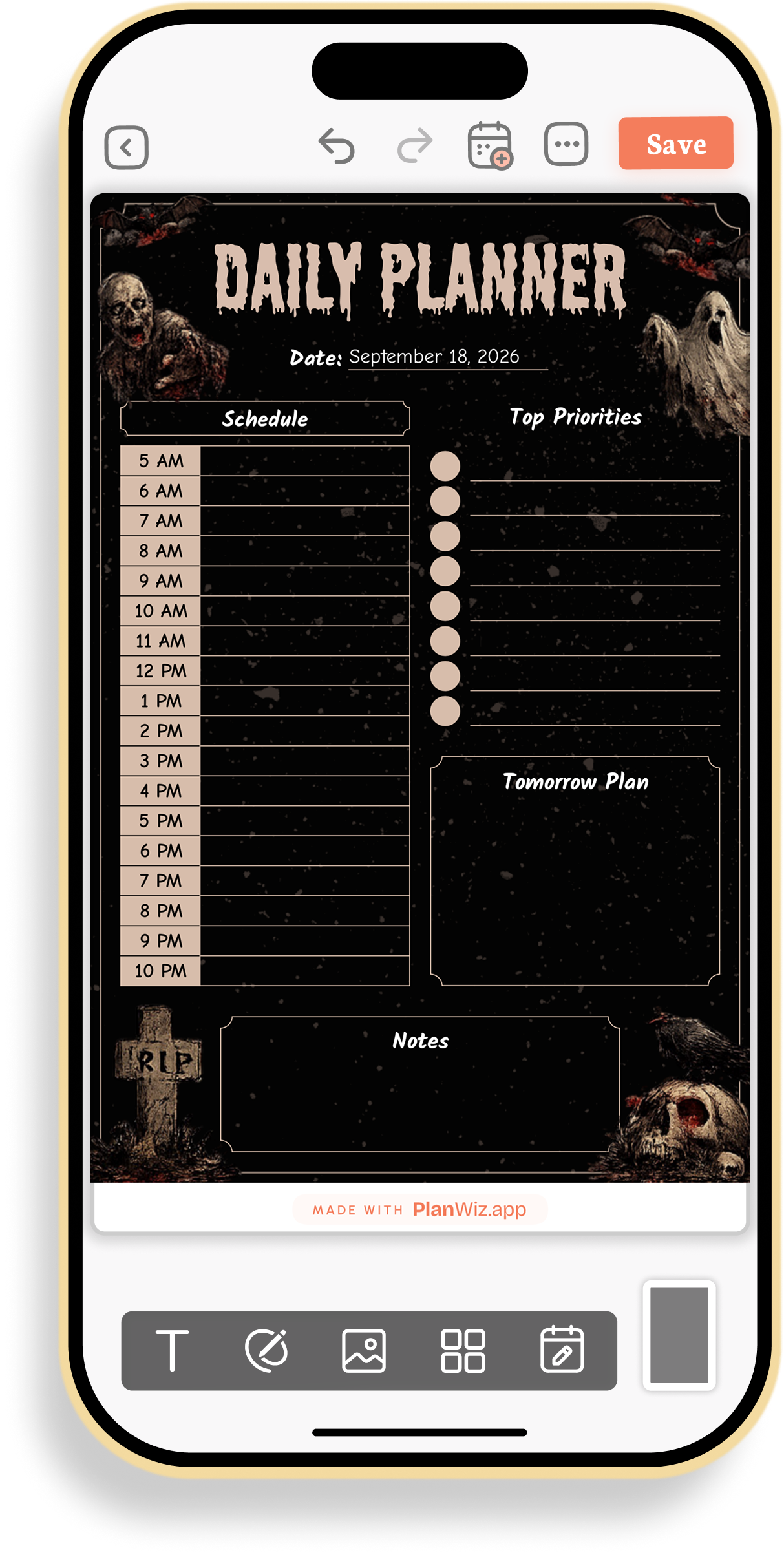Halloween Graveyard Hourly Schedule Planner