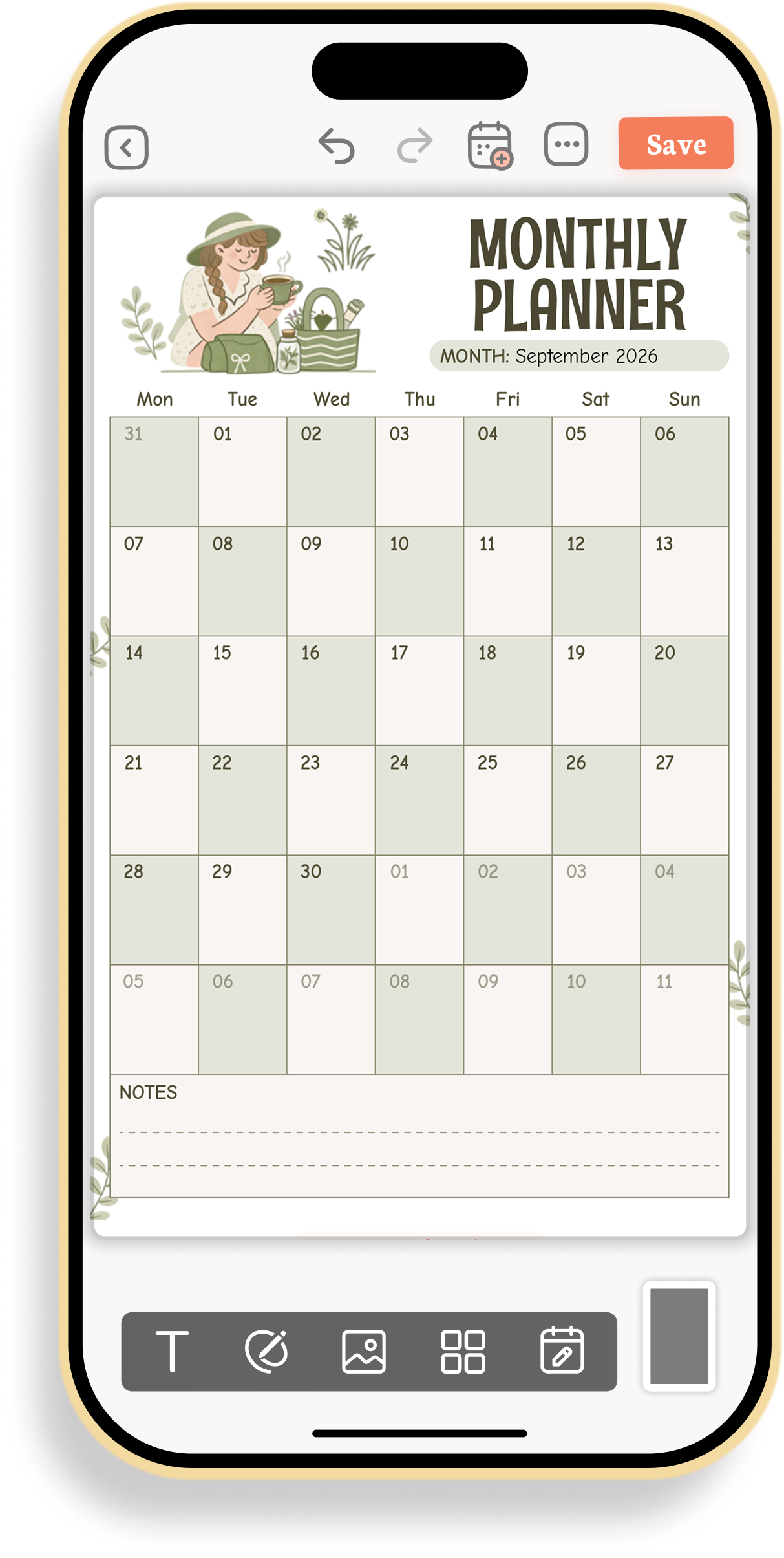 Monthly Calendar and Notes Planner